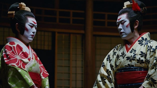 A scene from a Japanese historical drama, showcasing a group of actors in traditional costumes performing a tea ceremony. The image captures the delicate artistry and cultural significance of the ceremony.