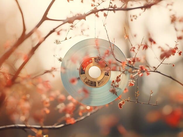 A vinyl record of a Japanese drama OST spinning on a vintage turntable. Soft, warm lighting illuminates the scene, highlighting the texture of the vinyl and the turntable's aged details. The background is blurred, suggesting a cozy, nostalgic atmosphere.