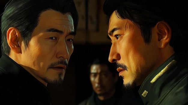 A close-up shot of a Japanese drama's final scene, showing two characters looking at each other with a mix of emotions - happiness, sadness, and uncertainty - with soft, diffused lighting creating a melancholic atmosphere.