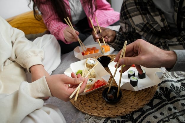 A close-up of a fan club meeting showcasing traditional Japanese snacks and drinks being enjoyed by the members, adding a cultural element to their gathering.
