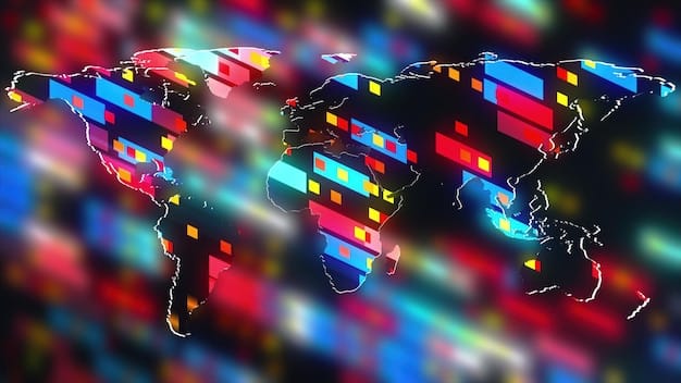 A world map with various streaming service logos (Netflix, Hulu, HBO Max, Disney+) overlaid on different regions, highlighting the diverse content availability based on geographical location. Small VPN icons should be scattered across the map, indicating their potential use in accessing region-locked content.