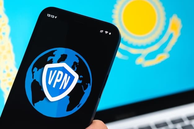 A close-up shot of a computer screen displaying a VPN application interface. The VPN is connected to a server in a foreign country, indicated by a flag icon. The interface shows the user's IP address changing to match the server's location.