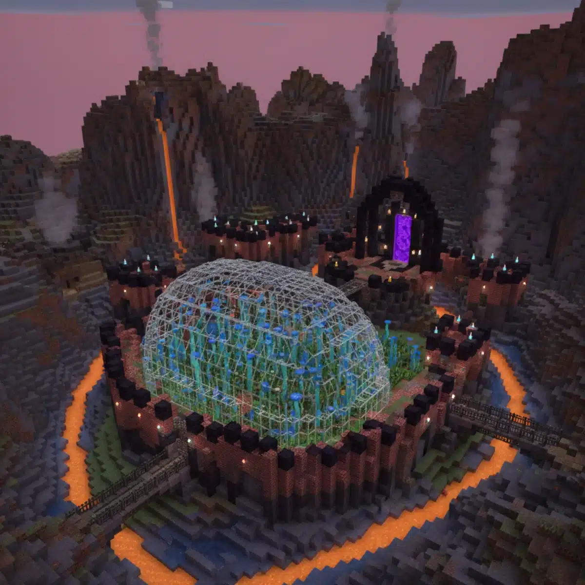 Fortified Nether base in a basalt delta biome.