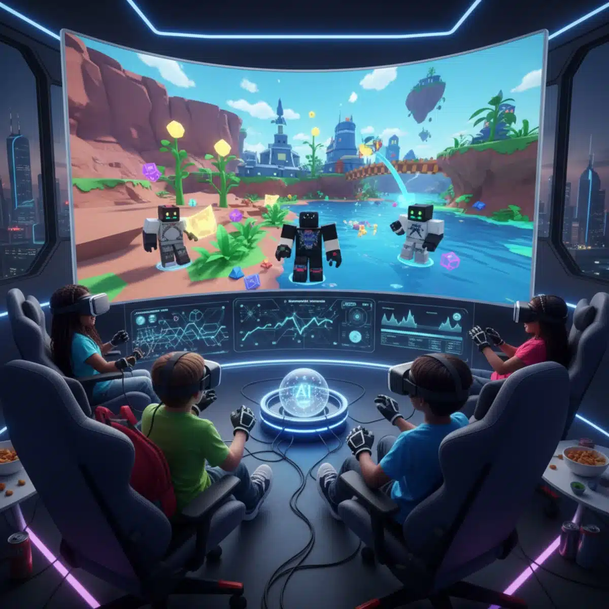 Children playing an AI-powered Roblox game with dynamic environments