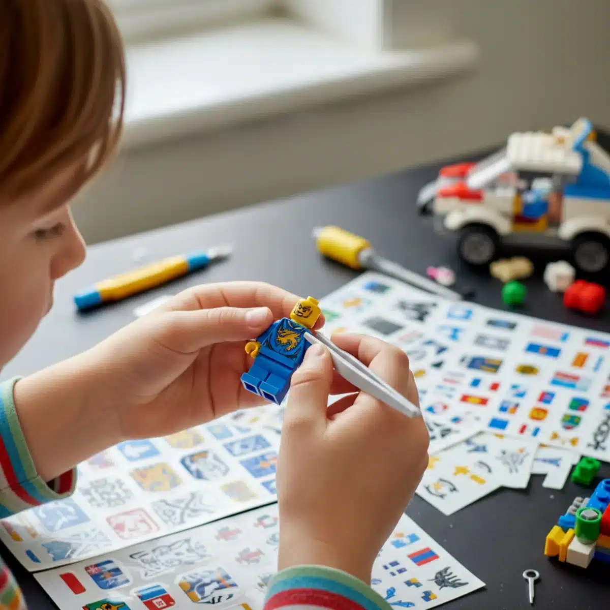Child applying custom sticker to Lego minifigure.