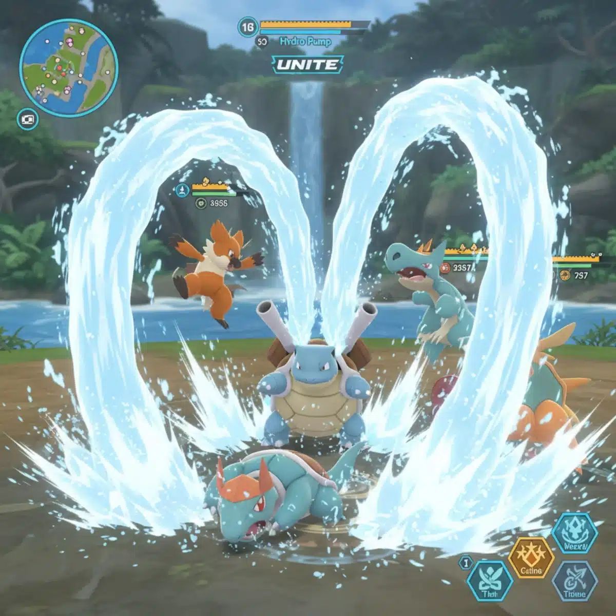 Blastoise using Hydro Pump in Pokémon Unite, demonstrating powerful crowd control and area-of-effect abilities.