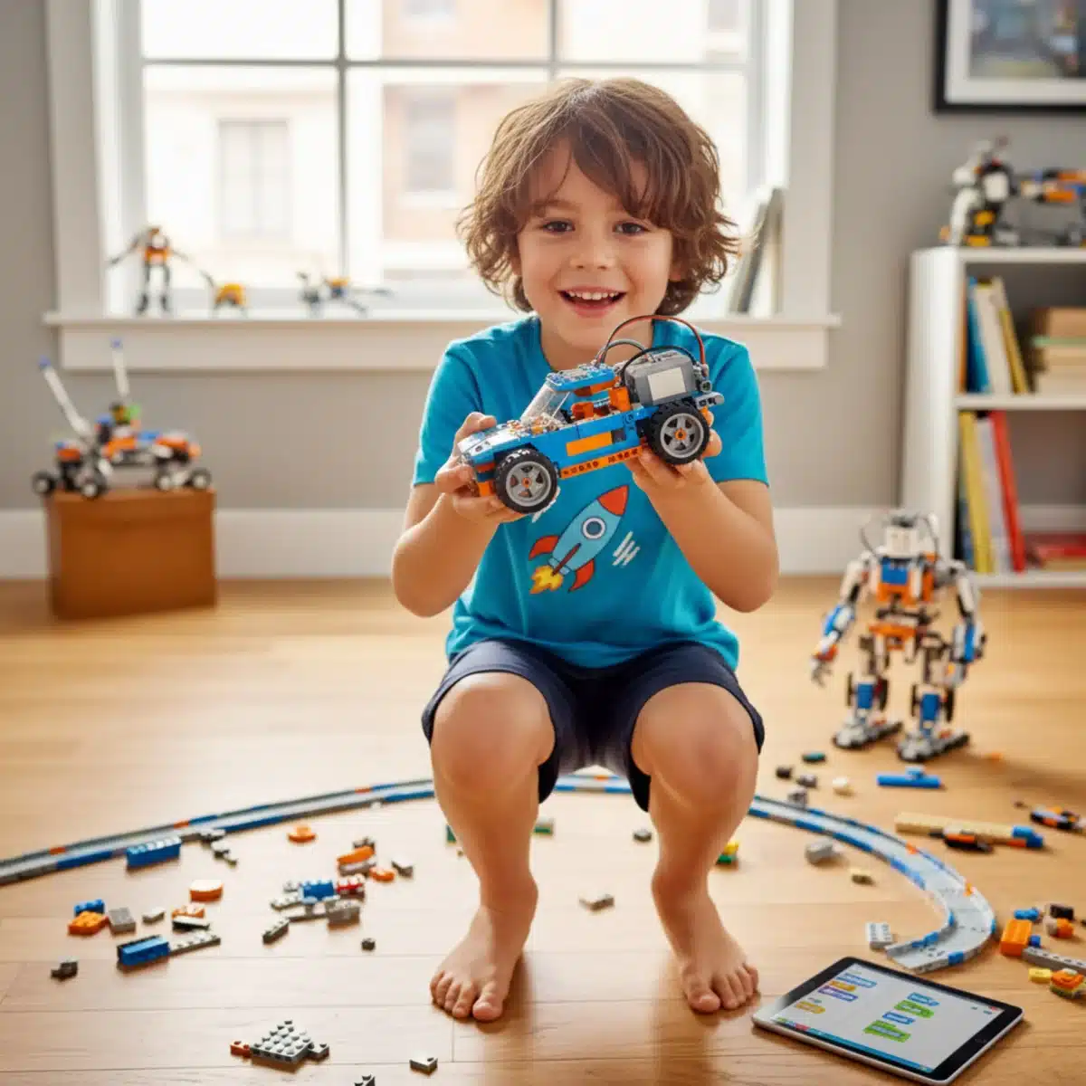 Child displaying custom Lego Boost robot car