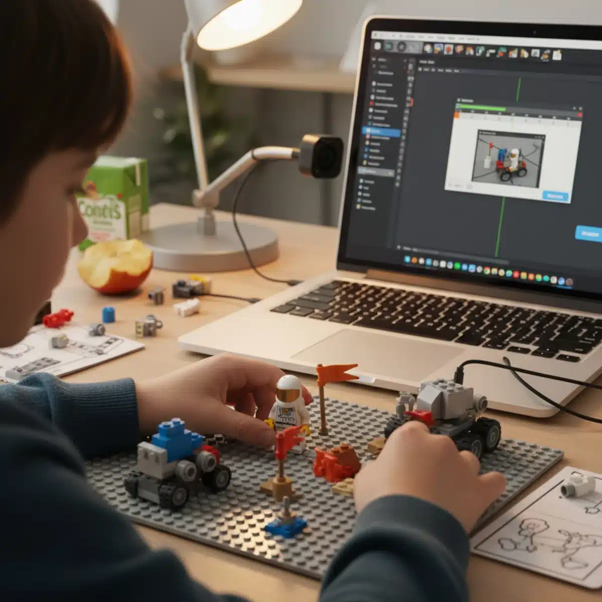 Child adjusting Lego minifigure for stop motion frame