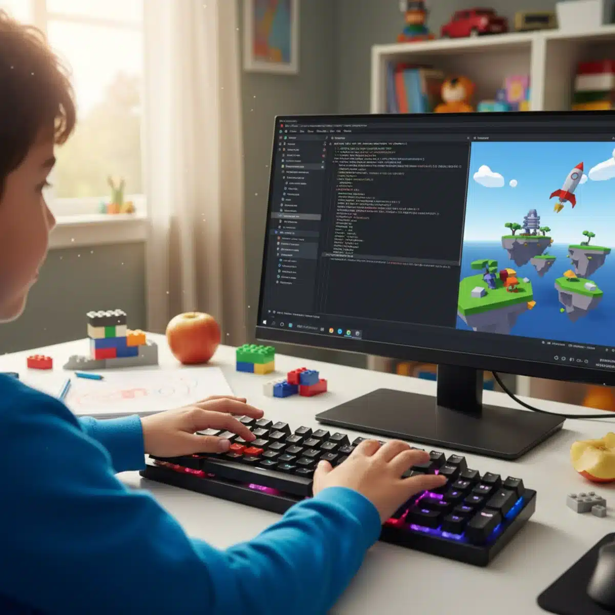 Child actively coding a Roblox game with Lua