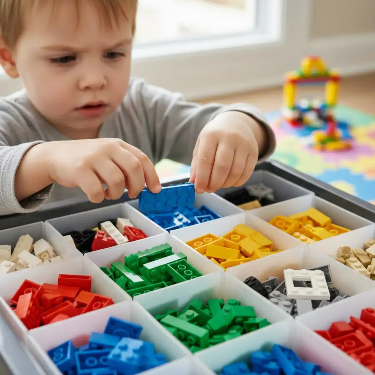 Child's hands carefully selecting colorful Lego bricks for a custom build.