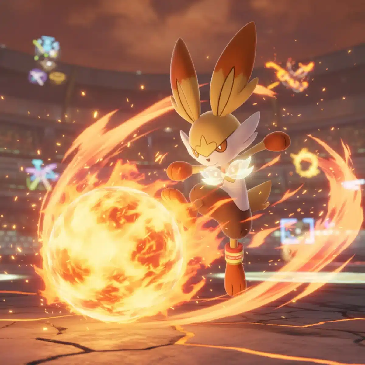 Cinderace unleashing a powerful Pyro Ball in Pokémon Unite ranked match
