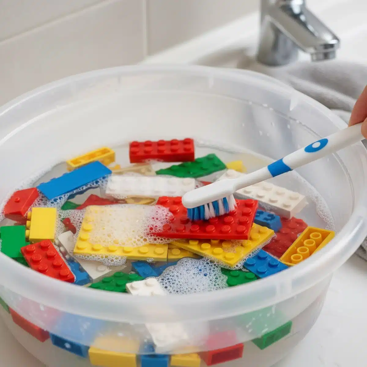 Lego bricks soaking in soapy water for cleaning