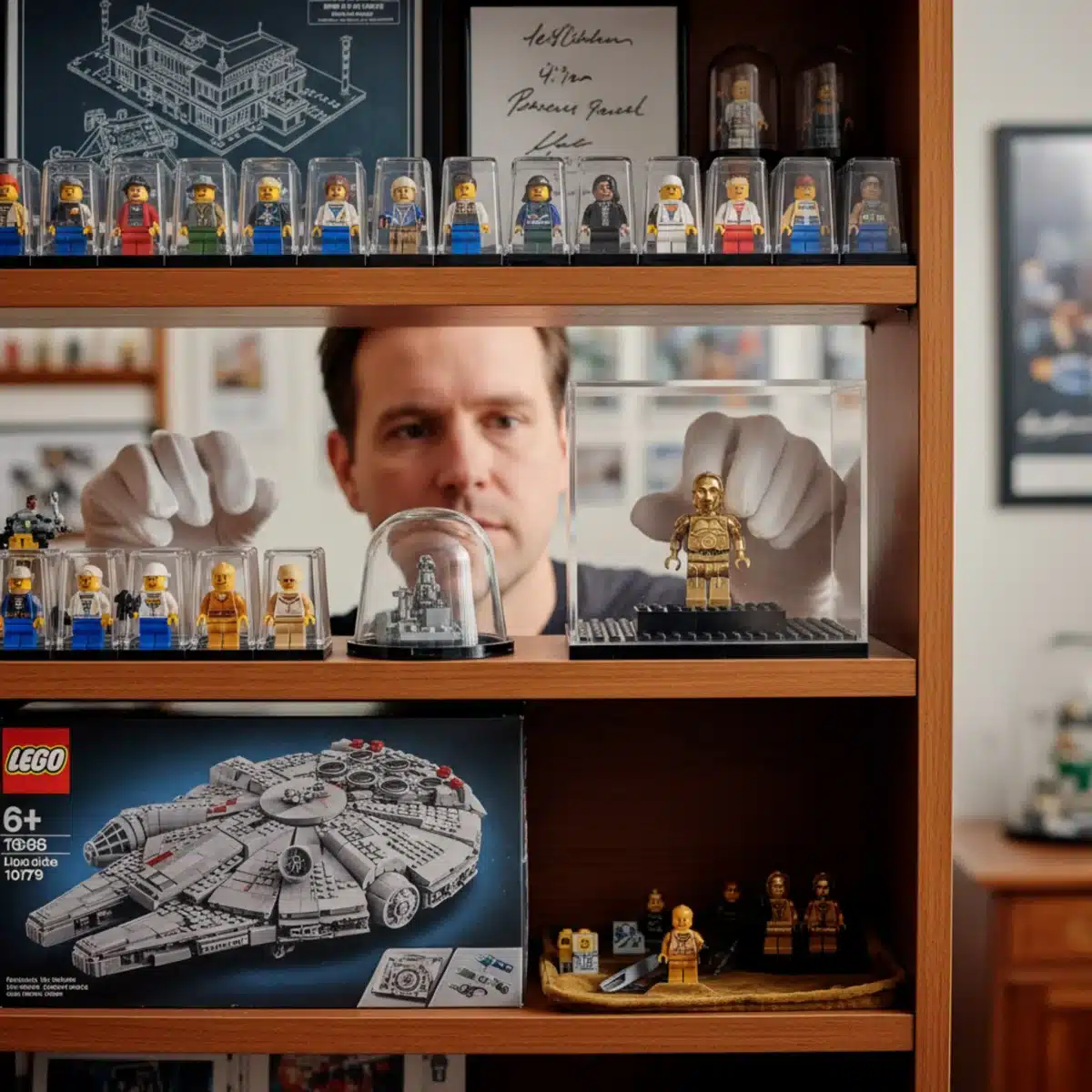 Collector preserving a rare Lego minifigure in a display case.