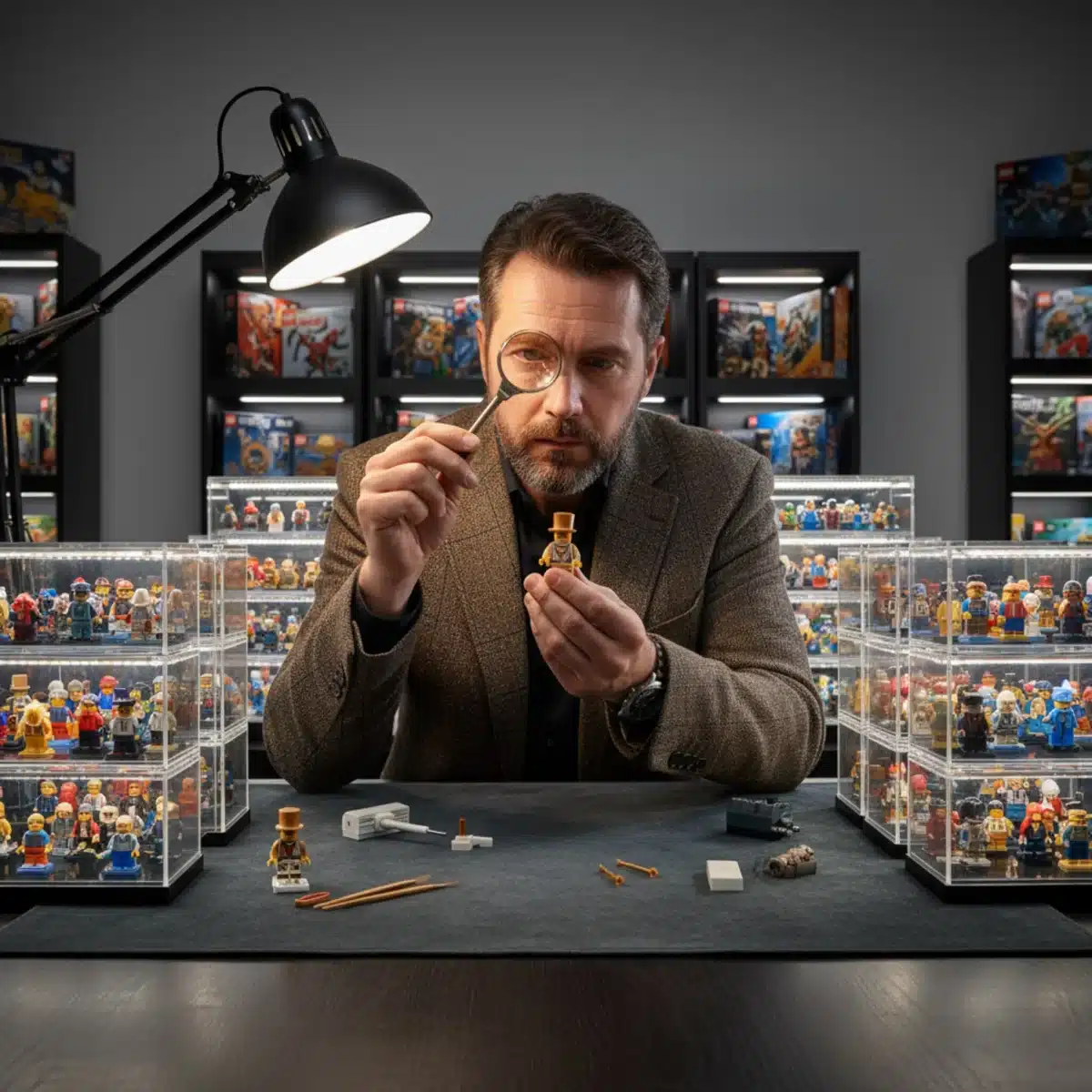 Collector examining a rare Lego minifigure carefully