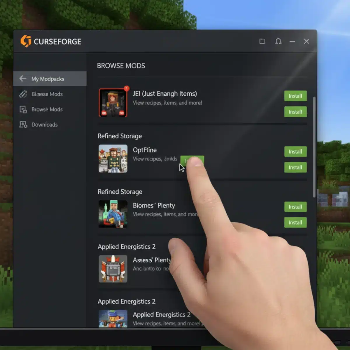 CurseForge mod launcher displaying popular Minecraft mods ready for installation.