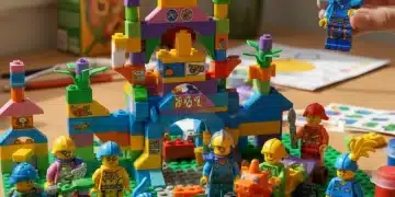 Colorful customized Lego bricks and minifigures on a green baseplate.