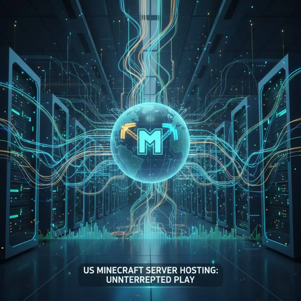 Modern data center interior with illuminated server racks and network cables.