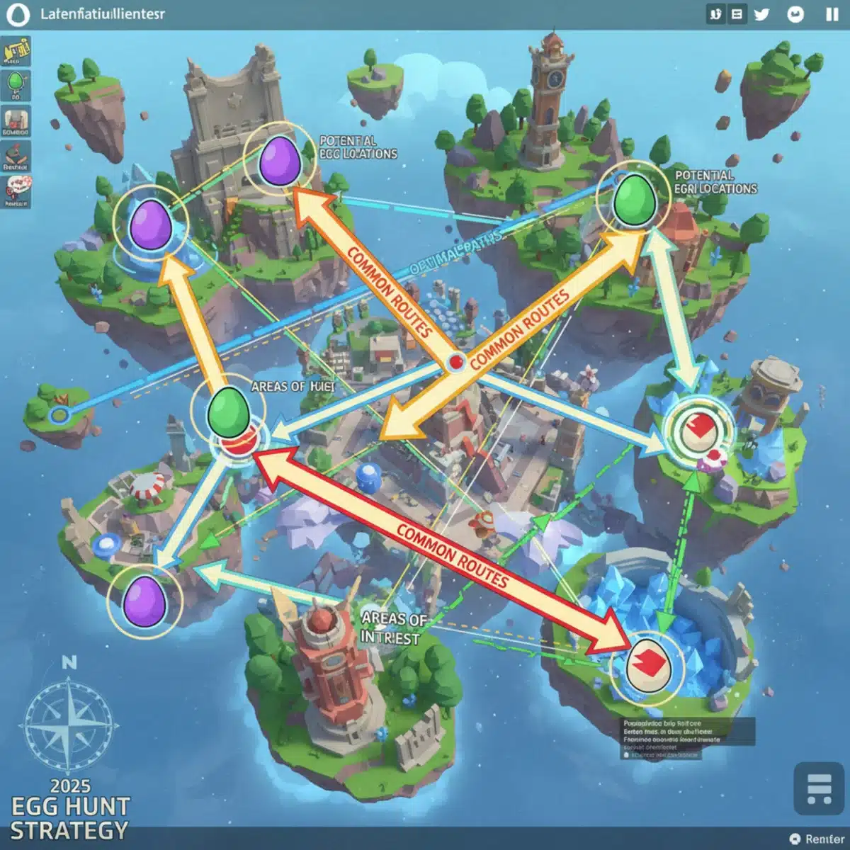 Strategic map showing optimal routes and egg spawn locations for the Roblox 2025 Egg Hunt.