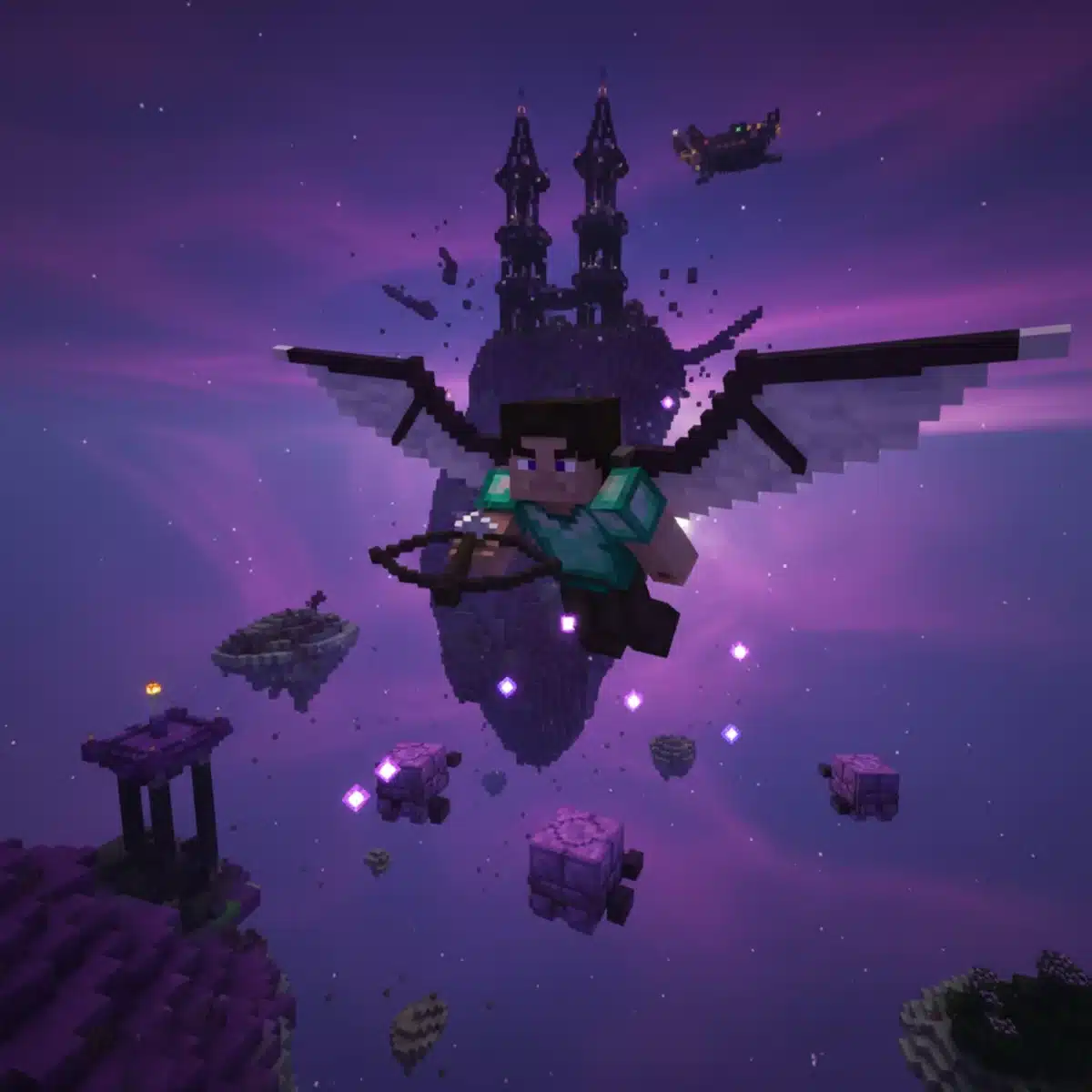 Minecraft player flying with Elytra through End islands