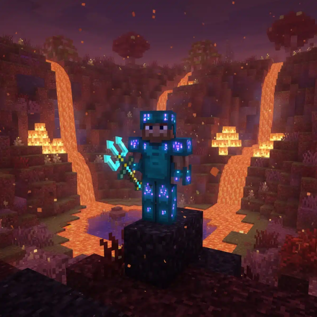Minecraft character in enchanted Netherite armor holding a trident in the Nether.
