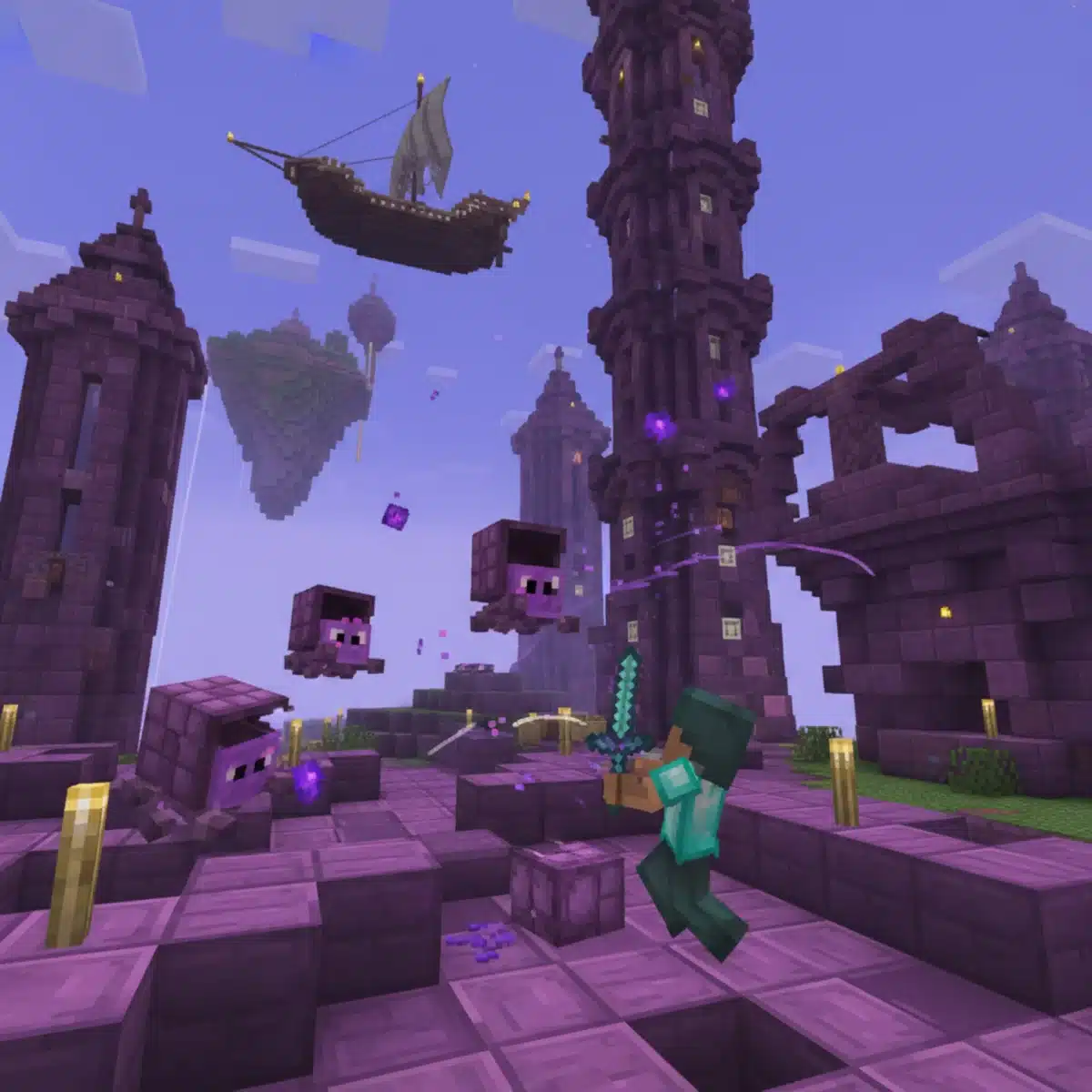 Minecraft player fighting Shulkers in an End City