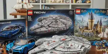 Detailed display of several expensive and rare Lego sets, highlighting their complex designs.