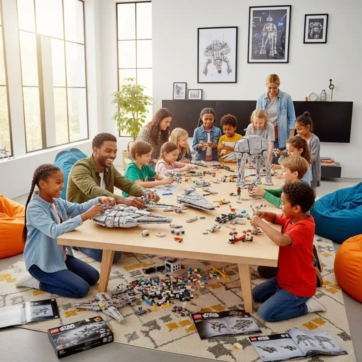 Family building Lego Star Wars sets together