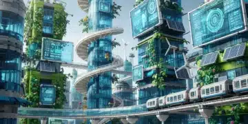 Futuristic Lego city with digital integration and sustainable design