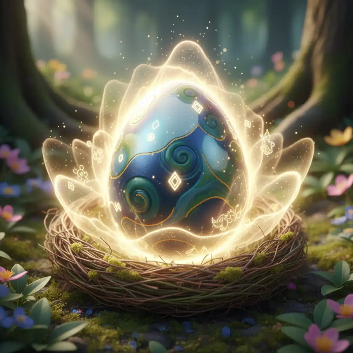 Glowing Pokémon egg in a nest, ready to hatch