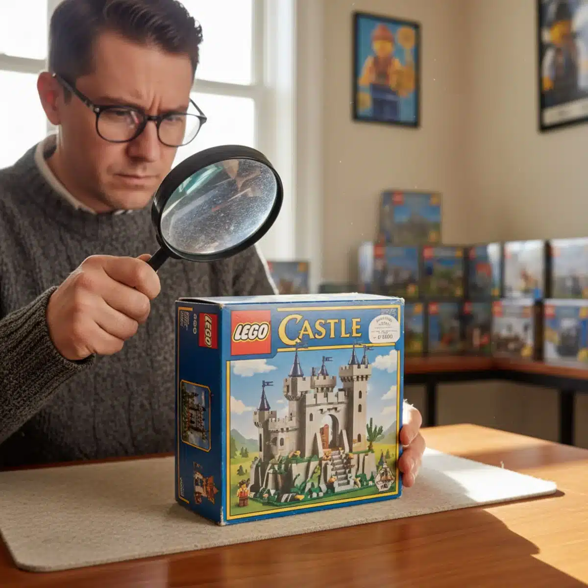 Collector examining a rare, sealed Lego set for investment potential
