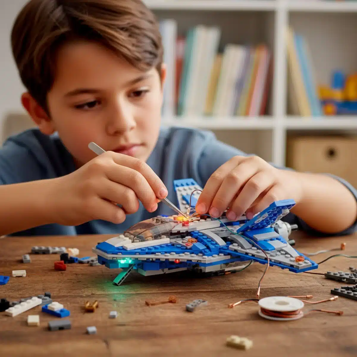 Child installing LED lights into a Lego spaceship model
