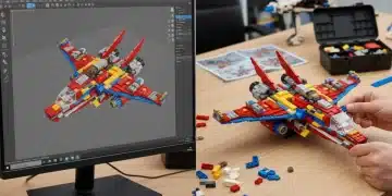 Digital LEGO model on screen next to physical LEGO build