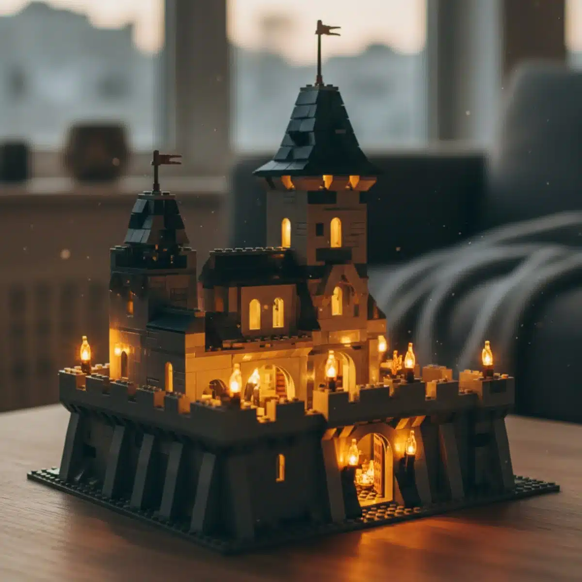 Lego castle illuminated with warm white and flickering orange LED lights