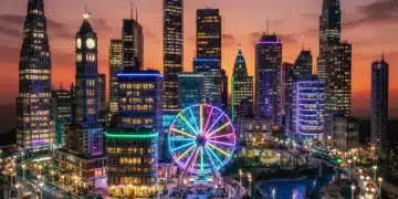 Lego city at dusk with buildings and vehicles lit by colorful LED lights