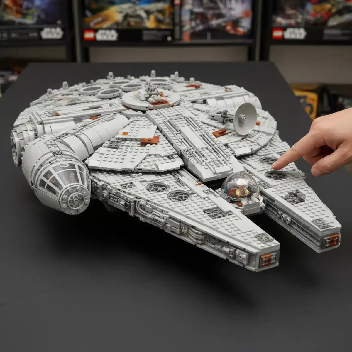 Close-up of the Ultimate Collector Series Lego Millennium Falcon, showing intricate details.