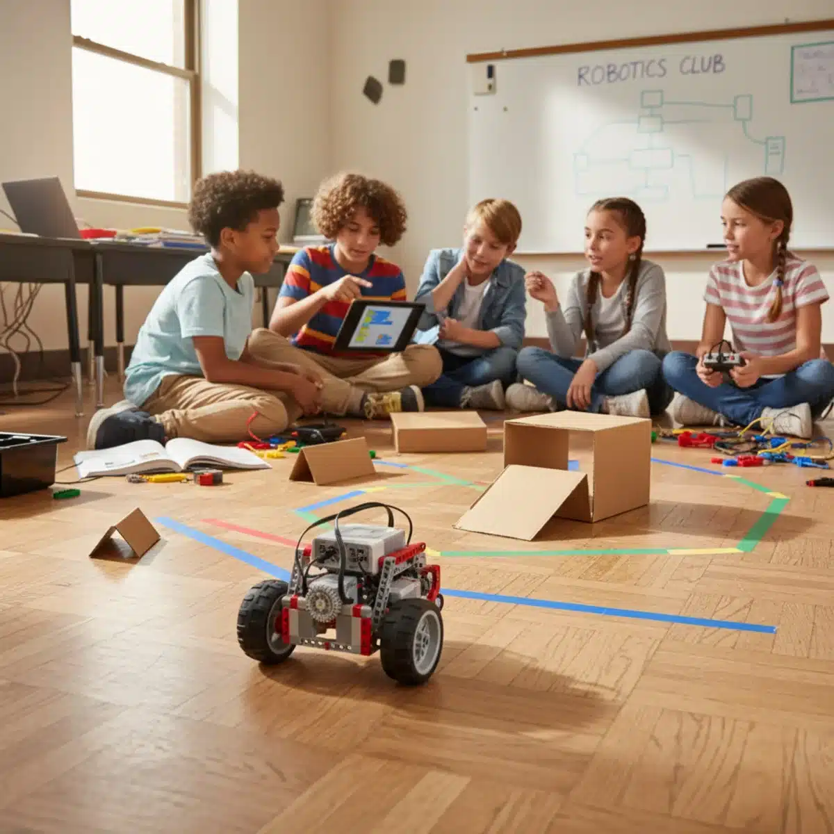 Lego Mindstorms robot on obstacle course with children observing