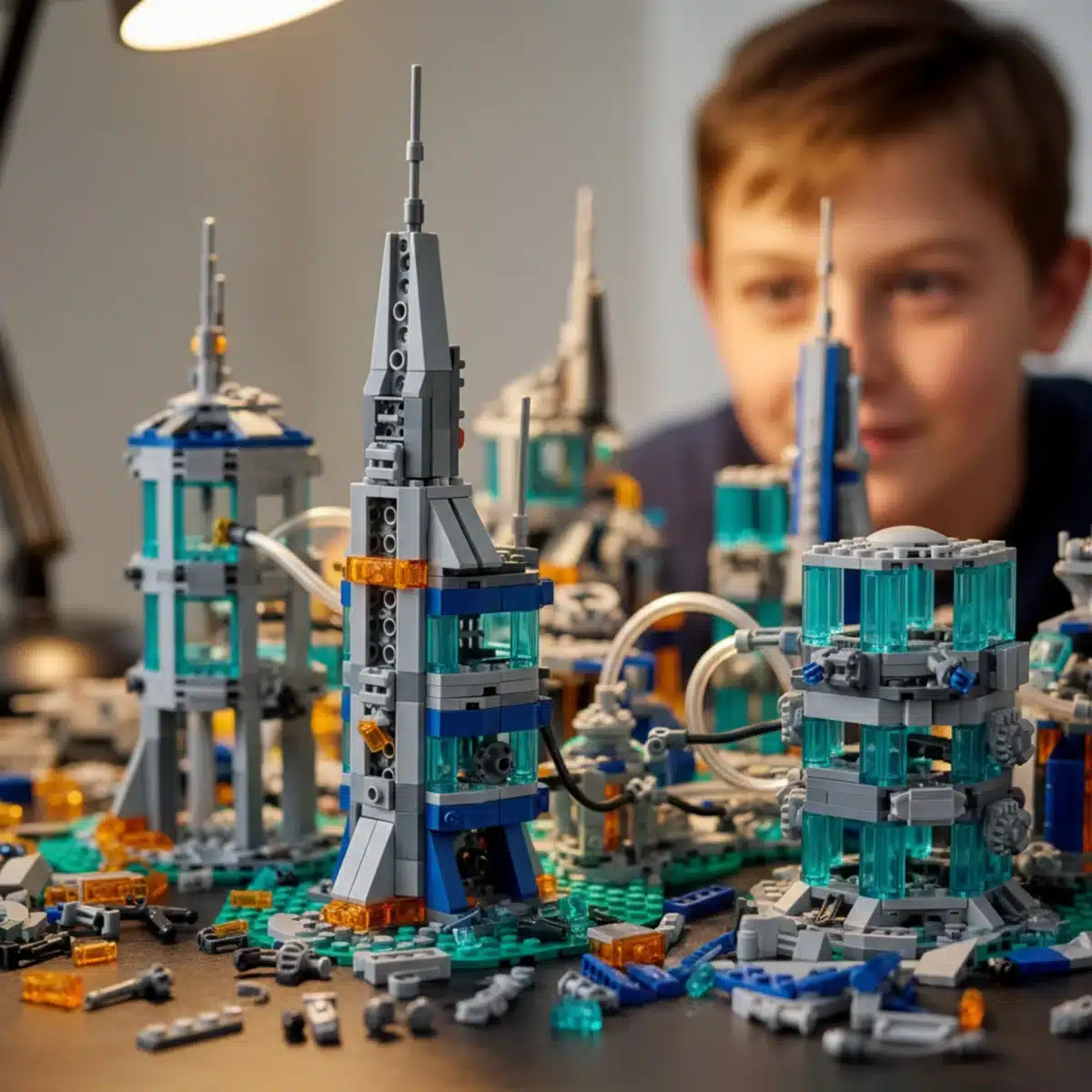 Close-up of a futuristic Lego cityscape MOC under construction, with a child observing.