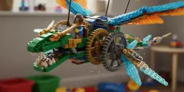 Vibrant Lego MOC of a fantastical flying machine, showcasing unique design and intricate details.