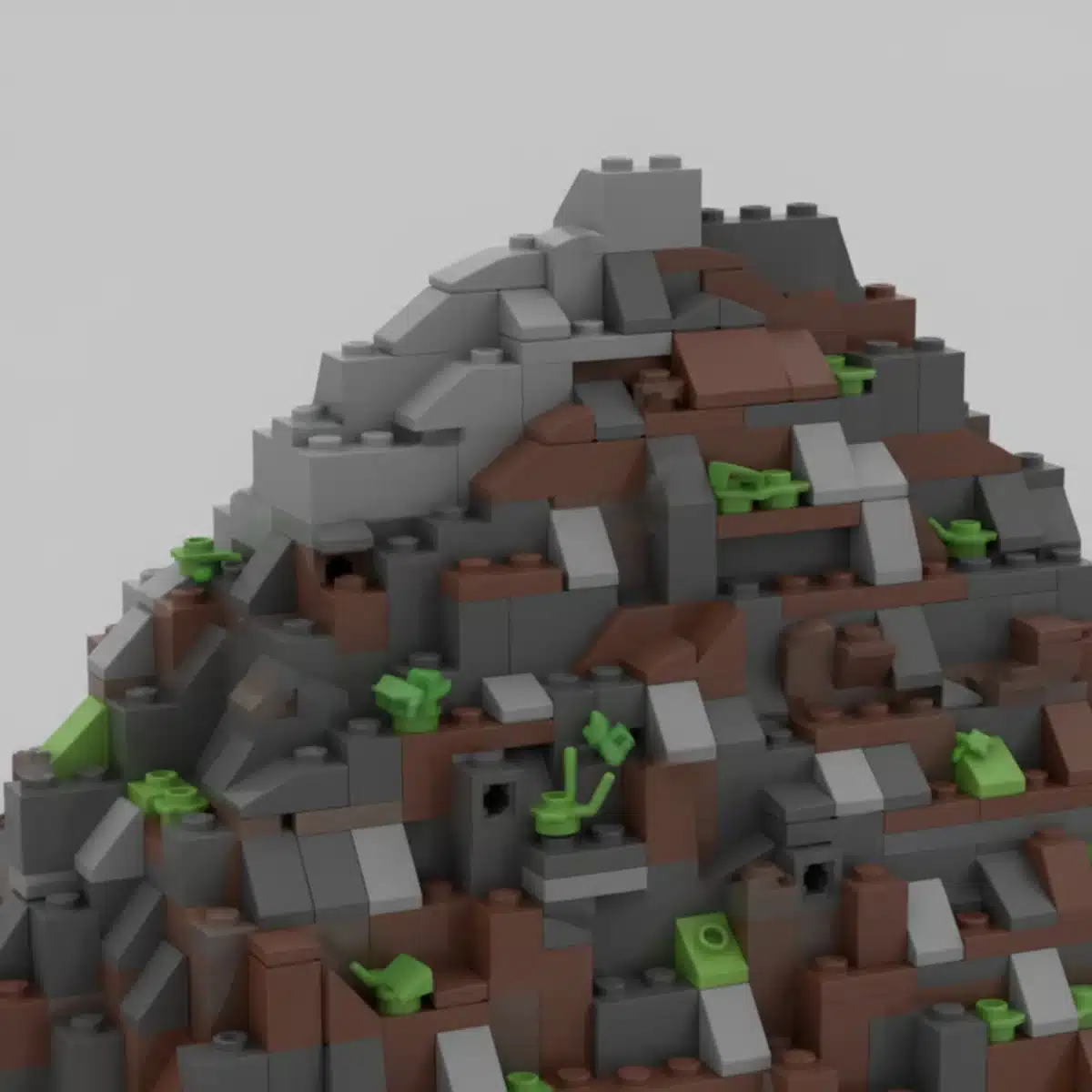 Lego mountain built with layered bricks and natural colors