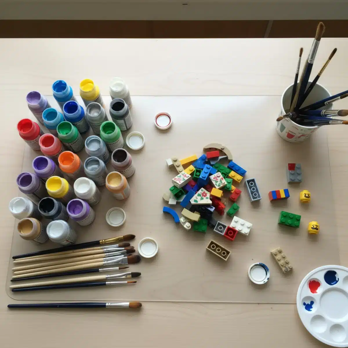 Non-toxic paints and brushes for Lego customization.