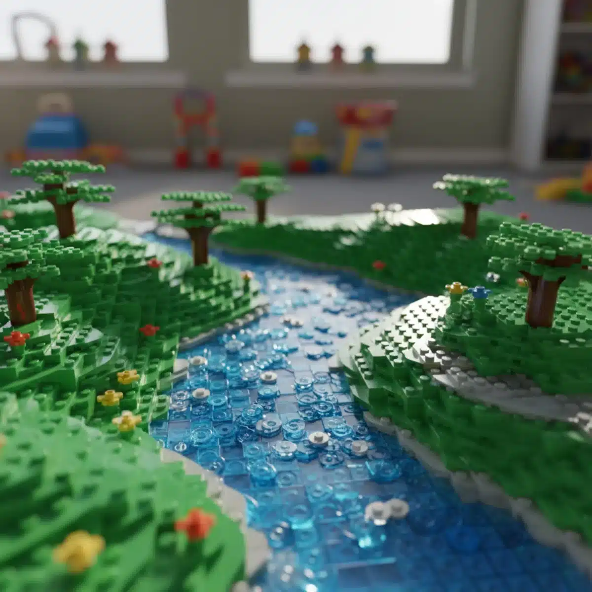 Lego river made with transparent blue plates and green banks