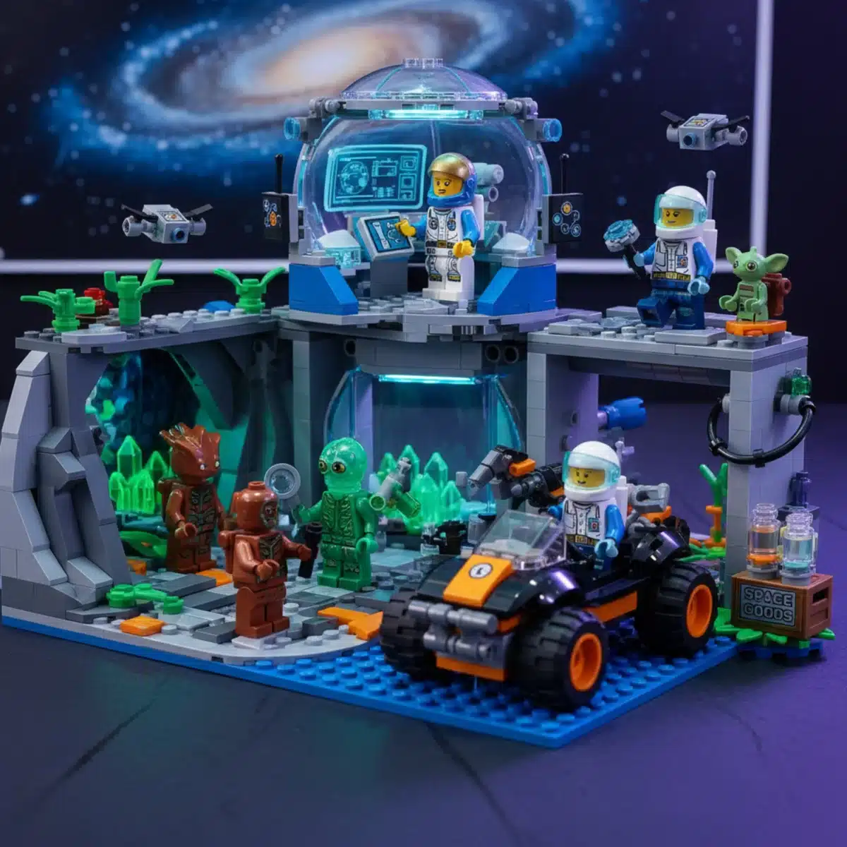 Collection of new Lego space minifigures from 2025 line, including astronauts and alien explorers, in a modular base.