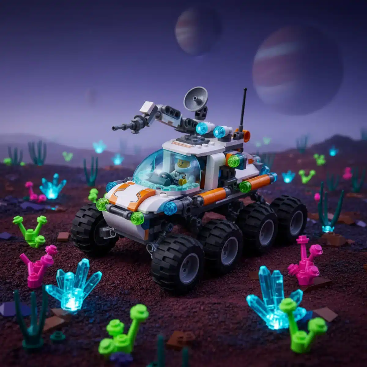 Detailed Lego space rover exploring an alien planet, featuring articulated suspension and scientific instruments.