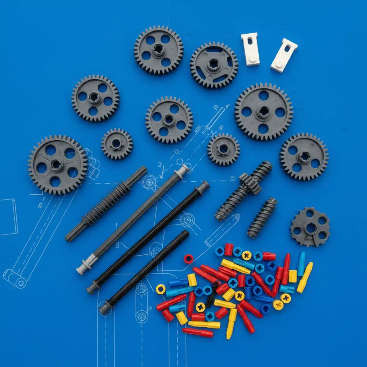 Assortment of Lego Technic gears and components on a technical drawing background