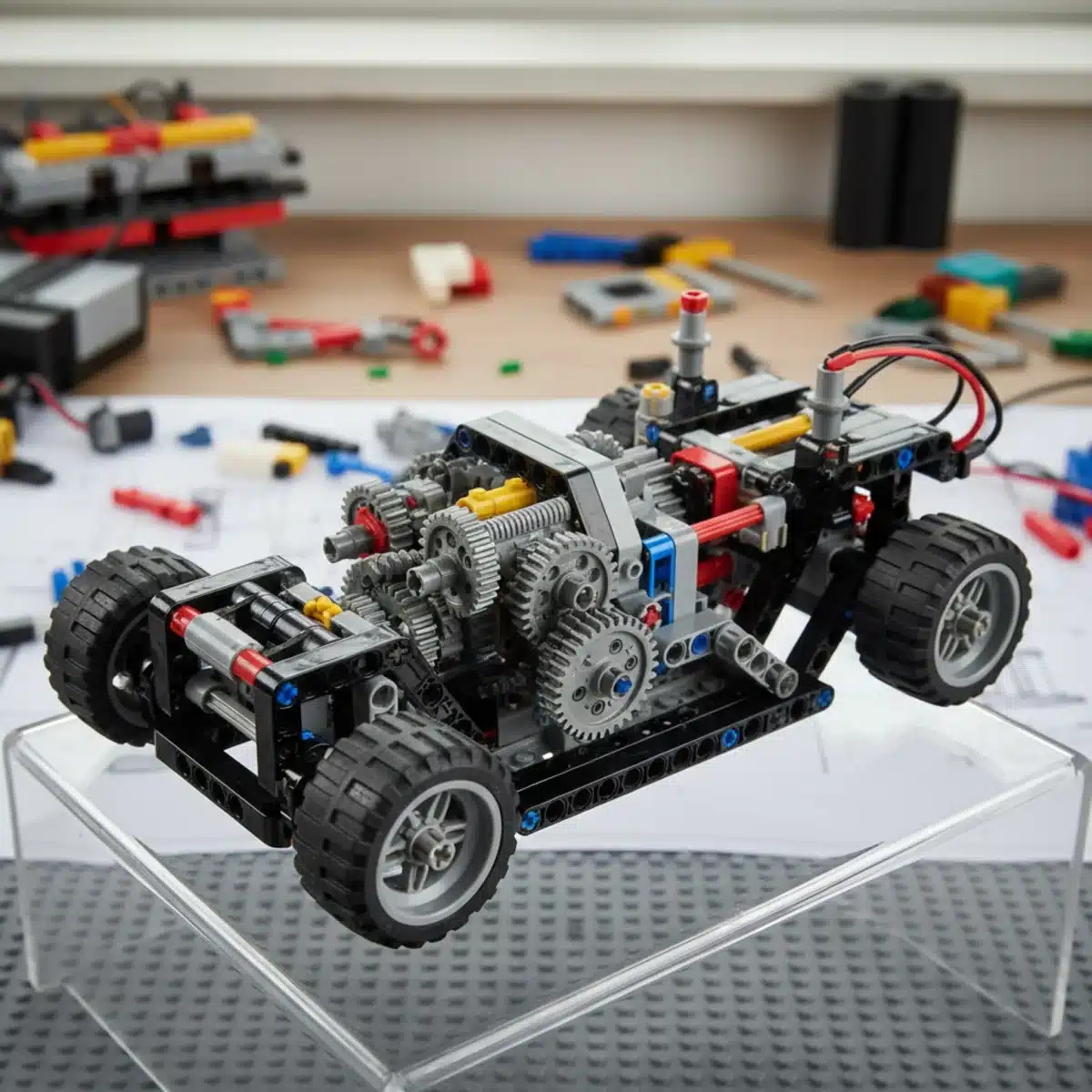 Lego Technic car chassis with visible gearbox and power functions system