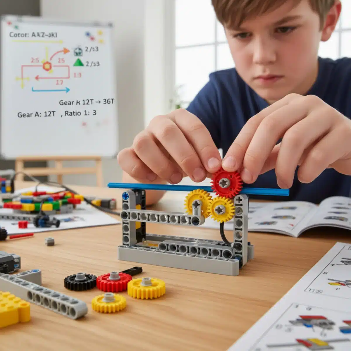 Child's hands building with Lego Technic, demonstrating mechanical principles