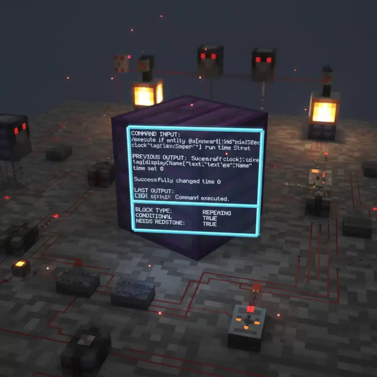 Close-up of a detailed Minecraft command block interface with redstone, showcasing advanced command automation and game mechanics.