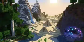 Diverse Minecraft biomes with player character exploring