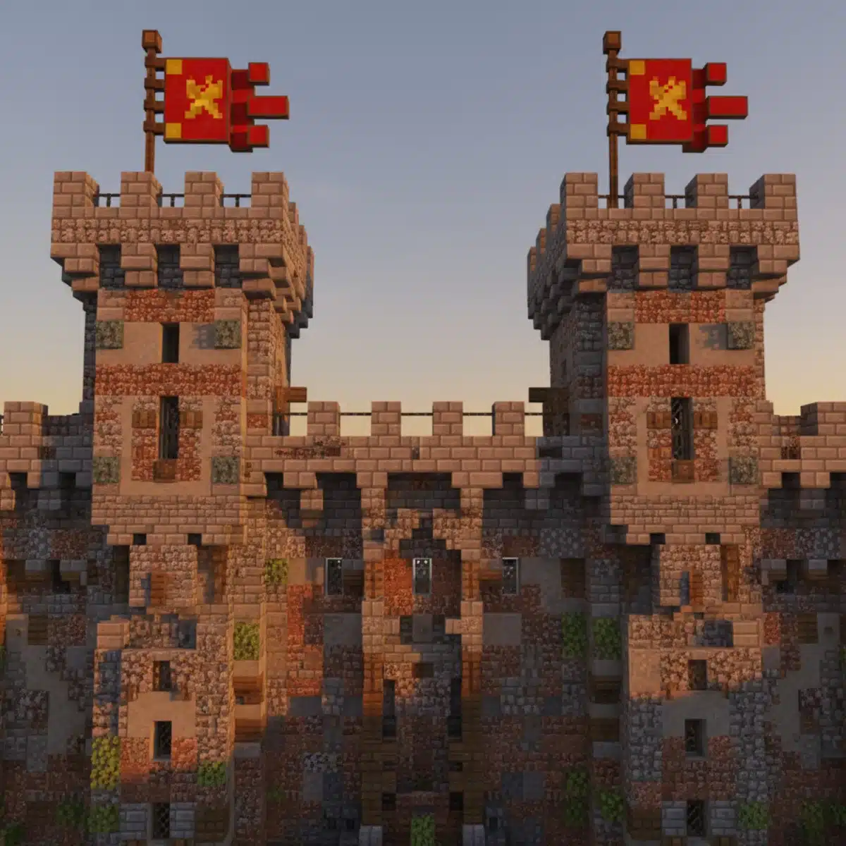 Detailed Minecraft castle wall with intricate block patterns and depth.