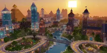 Impressive Minecraft city skyline built with advanced building hacks and creative design.